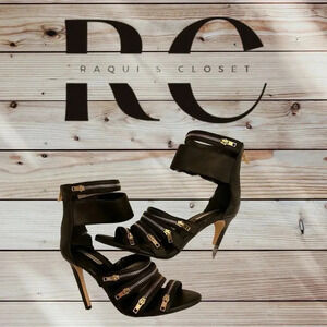 BLACK BCBGENERATION CASEY LEATHER ZIPPER STRAPPY HEELED SANDAL SIZE 9M